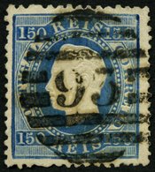 PORTUGAL 43xB O, 1876, 150 R. Mattblau, Gezähnt 121/2, Zentrischer Nummernstempel 93, üblich Gezähnt Pracht, Mi. 160.- - Other & Unclassified