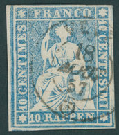 SCHWEIZ BUNDESPOST 14IIByoPF III O, 1855, 10 Rp. Blau, Roter Seidenfaden, Berner Druck II, (Zst. 23Cd), Doppelprägung, D - Otros & Sin Clasificación