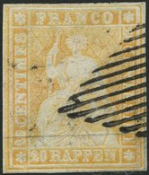 SCHWEIZ BUNDESPOST 16IIAym O, 1854, 20 Rp. Gelborange, Berner Druck I, (Zst. 25Bc), Allseits Breitrandig, Kleine Helle S - Sonstige & Ohne Zuordnung