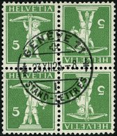 ZUSAMMENDRUCKE K 5II Paar O, 1909, Tellknabe Kehrdruck 5 + 5, Type II, Zentrisch Gestempelter Viererblock, Pracht, RR! - Se-Tenant