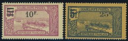 GUADELOUPE 94/5 **, 1924, 10 Fr. Auf 5 Fr. Lilarot Auf Gelb Und 20 Fr. Auf 5 Fr. Lilarosa Auf Rosa, Postfrisch, 2 Pracht - Other & Unclassified