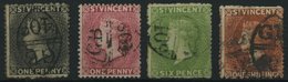 ST. VINCENT 8,13,11cX,32d O, 1871-86, 1 P. Grauschwarz, 1 Sh. Rotorange, 6 P. Gelbgrün, Wz. Stehend Und 1 P. Rosa, (SG N - St.Vincent (...-1979)