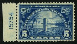 USA 292 *, Scott 616, 1924, 5 C. Landung Der Hugenotten Mit Plattennummer, Falzrest, Pracht - Used Stamps