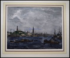 HAMBURG: Blick Auf Die Elbe Und Den Hamburger Hafen, Kolorierter Holzstich Von Gehrts Von 1881 - Lithografieën