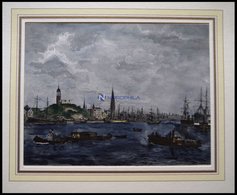 HAMBURG: Blick Auf Die Elbe Und Den Hamburger Hafen, Kolorierter Holzstich Von Gehrts Von 1881 - Litografia