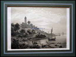 VORDINGBURG (Parti Ved Vordingborg), Strandpartie Mit Gänseturm Im Hintergrund, Lithographie Mit Tonplatte Von J. Helles - Lithografieën