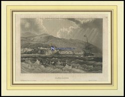 TREBIZONDE, Gesamtansicht über Die Stürmische See Mit Schiffbrüchigen Im Vordergrund, Stahlstich Von B.I. Um 1840 - Lithografieën