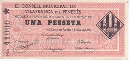 BILLETE DE 1 PESETA DEL CONSELL MUNICIPAL DE VILAFRANCA DEL PENEDES AÑO 1937 CON ASTERISCO SIN CIRCULAR-UNCIRCULATED - 1-2 Pesetas