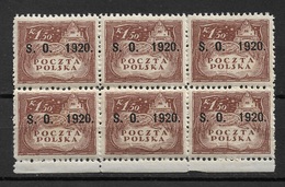Eastern Silesia 1920 Block Of 6, 1.50k, Plate Error 2 Stamps On The Right With Vert. Brown Line, Scott # 47,VF MNH**OG - Silésie