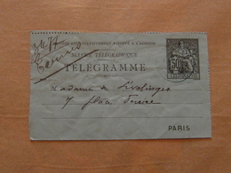 CACHET BLEU TELEGRAPHE DE PARIS ALLEMAGNE 1888 Sur PNEUMATIQUE CARTE-LETTRE TYPE CHAPLAIN 50c - Pneumatiques