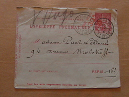 CACHET TELEGRAPHE DE PARIS 22 RUE DE PROVENCE 1905 Sur ENVELOPPE PNEUMATIQUE TYPE CHAPLAIN 50c SURCHARGE 30c - Pneumatiques