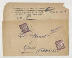 Lettre Office Du Travail De Lyon Pour Givors - 1943 - Taxée à 1,50 Fr - SIMPLE TAXE - 1859-1959 Brieven & Documenten