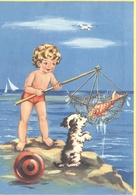 Tematica - Bambini - 1971 -Disegno Di Bambino Che Pesca Da Uno Scoglio, Insieme Ad Un Cagniolino - 25 Siracusana - Viagg - Szenen & Landschaften