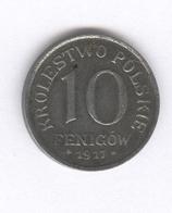 10 Fenigow Pologne Sous Administration Allemande 1917 TTB+ - Polonia