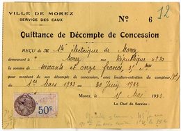 VP13.868 - Ville De MOREZ 1933 - Service Des Eaux - Quittance / Reçu -  Sté Electrique De MOREZ - Elettricità & Gas