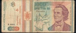 ROMANIA  P102 1000 LEI 1993 LOW S/n  #B0001 FINE NO P.h. - Roumanie