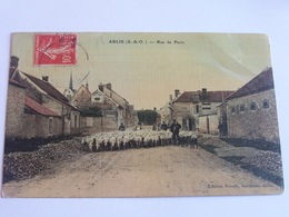 Ablis Rue De Paris  Cpa 1908 Colorisee Troupeau De Moutons Bergers Carte Toilee - Ablis