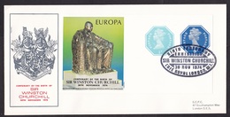 UK: Commemorative Cover, 1974, Souvenir Sheet, Winston Churchill, Statue, Sculpture, Cancel Cafe Royal (traces Of Use) - Covers & Documents