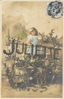 Prénom Juliette - Fillette Dans Son Jardin Avec Pensées Et Roses - Carte J.K. Dos Simple - Firstnames