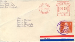 Costa Rica 1960 Cover To USA With Meter Cancel 45 Cts + Stamp 5 Cts Folded Envelope - Costa Rica