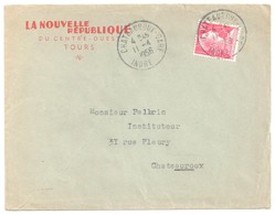 CHATEAUROUX GARE Indre Lettre Entête Nouvelle République 15 F Muller Rouge Yv 1011 Ob Manuelle 11 4 1956 - Covers & Documents