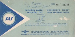 JAT YUGOSLAV AIRLINES PASSENGER TICKET AND BAGGAGE CHECK - Tickets