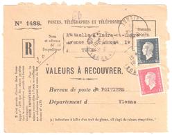 TOURS Indre Et Loire Valeur à Recouvrer 1488 Dulac 4,50F Gris 1,50F Rose Yv 691 696 Tf 1/3/45 Recommandé Ob 1941 - Covers & Documents