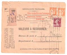 PARIS 117 Valeurs à Recouvrer 1488 Tf 12/7/37 1 F Paix Orange 15c Semeuse Ob Meca RBV Yv 189 286 Le Noyer Cher - Covers & Documents