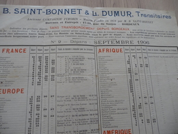 Pub Horaire Départs 1906 Vapeurs Saint Bonnet Dumur Bordeaux  Transports Internationaux 2 X A4 Environs - Transport