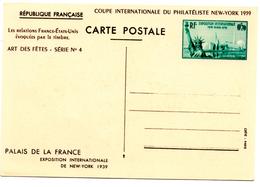 Carte Postale 0,70 F _1939  New York  Vert Repiquage Coupe Internationale - AK Mit Aufdruck (vor 1995)