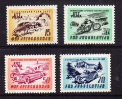 TRIESTE B 1953 CORSE AUTOMOTOCICLISTICHE RACING YUGOSLAVIA SOPRASTAMPATO JUGOSLAVIA OVERPRINTED SERIE COMPLETA SET MNH - Neufs