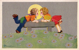 ART DÉCO : ENFANTS / FLEURS / BAISER / CHILDREN / KISS - ILUSTRATION SIGNÉE : BUSI - ANNÉE / YEAR ~ 1920 - '25 (aa380) - Busi, Adolfo