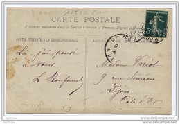 Cachet Ambulant Nuit "PONTARLIER A PARIS 1910" Semeuse Sur CP Mieges Ermitage (Jura) - Maritime Post