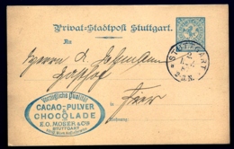 ENTIER POSTAL ALLEMAGNE- PRIVAT-STATPOST STUTTGART 1887- 2Pf BLEU + TAMPON CACAO-PULVER- 2 SCANS - Private & Local Mails