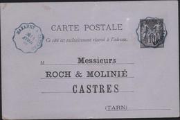 Entier CP 1886 Sage 10c Noir Carton Lilas Repiquage Adresse Recto Verso CAD Convoyeur Ligne Bleu Mazamet Castres 1 4 86 - Cartes Postales Repiquages (avant 1995)