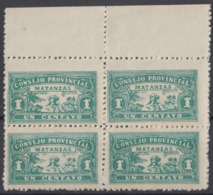 LOC-76 CUBA REPUBLICA. 1903. LOCAL REVENUE MATANZAS. 1c PERFORATED BLOCK 4. ORIGINAL GUM. - Timbres-taxe