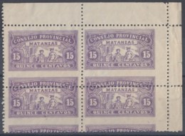 LOC-92 CUBA REPUBLICA. 1903. LOCAL REVENUE MATANZAS. 15c PERFORATED ERROR BLOCK 4. ORIGINAL GUM. - Timbres-taxe