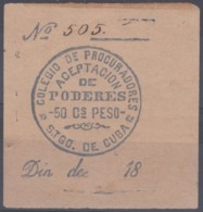 ABO-94 CUBA SPAIN ESPAÑA. 50c ACEPTACION DE PODERES. SANTIAGO DE CUBA LAWYER AND ATTORNEY USED. - Timbres-taxe