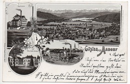 LITHO Gruss Aus AADORF Möbelfabrik Spinnerei Sulzer Villa Gebr. Sulzer Bezirk Münchwilen Gel. 1900 Nach Hundwil - Aadorf