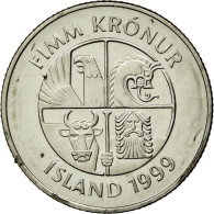 Monnaie, Iceland, 5 Kronur, 1999, TTB, Nickel Plated Steel, KM:28a - Islande