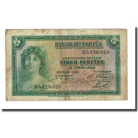 Billet, Espagne, 5 Pesetas, 1935, KM:85a, TB - 5 Peseten
