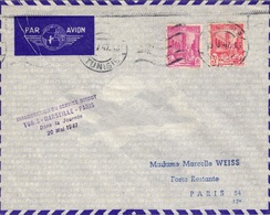 TUNISIE 280 285 Lettre Par Avion Inauguration Service Direct Dans La Journée Tunis Marseile Paris 20 Mai 1947 - Briefe U. Dokumente
