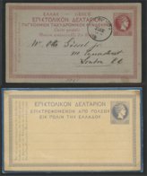 GREECE, 2 STATIONERY POSTCARDS 10 LEPTA RED TO LONDON; 10 LEPTA BLUE UNUSED REPLYCARD - Covers & Documents