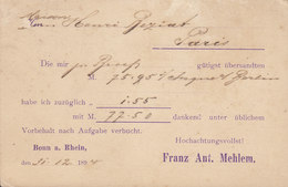 Germany Reichspost Postal Stationery Ganzsache Entier Adler PRIVATE Print FRANZ ANT. MEHLEM, BONN A. RHEIN 1894 PARIS - Briefkaarten