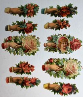 10 Image Découpis Anciens Main De Femme Tenant Bouquet De Fleurs Rose + Enfant Médaillon - Bloemen