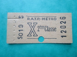 TICKET  Métro  RATP  PARIS " X "  - 2° Classe - Couleur Brun   - 1960/67 - TBE - Monde