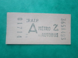 TICKET  Métro  Autobus RATP  PARIS " A "  - 2° Classe - Couleur Beige - NEUF - 1967 - TBE - Monde