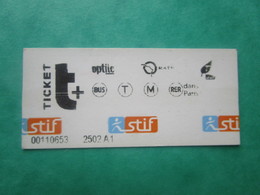 TICKET Métro Autobus Rer RATP PARIS - " T + " - 2° Classe  - TBE - Mundo