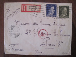 Allemagne France 1943 LAGER Censure Lettre Enveloppe Cover Guerre Deutsches Reich DR Censure Recommandé - 2. Weltkrieg 1939-1945