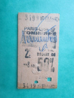 ANCIEN TICKET SNCF Métro PARIS - 2° Classe - 50 % Réduit -  GARE PARIS - LYON - Tonnerre - 1963 - TBE - Mondo